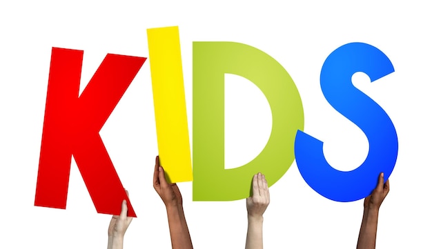 Kids human hands holding colorful letters