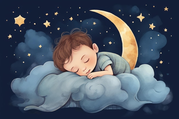 Kids illustration with moon and sleeping baby Beautiful poster for baby room or bedroom Childish greeting card