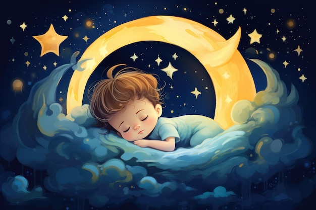 kids illustration with moon and sleeping baby Beautiful poster for baby room or bedroom Childish greeting card