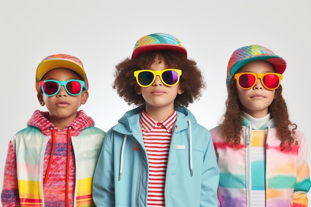 写真 3dメガネでカジュアルな服を着た子供たちが一緒に立っています