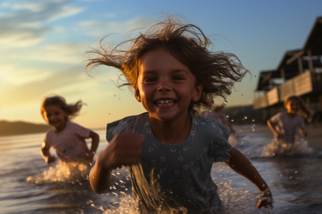 아이 들 이 물 에서 즐겁게 달리고 있다