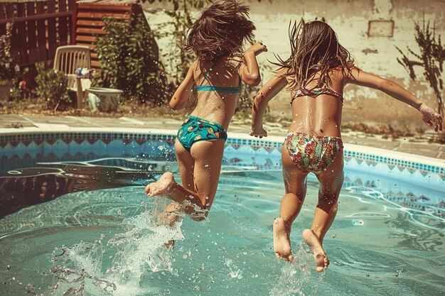 Kids jumping into a pool with splash