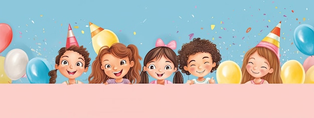 Фото Дети смеются и играют под каскадом конфетти, сжимая в руках баннер с яркими воздушными шарами.