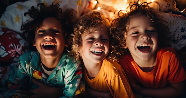 дети смеются в постели в стиле светящихся цветов