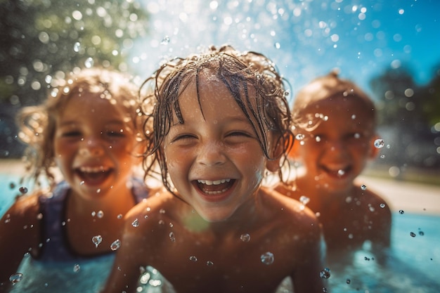 Дети смеются и плещутся в бассейне в солнечный день День защиты детей