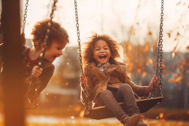 Kids laughing while swinging high on a playground swing Children's Day