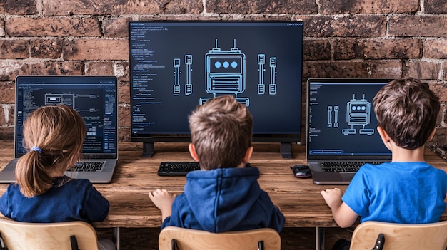 Kids Learning Programming with Robots on Computer Screens | Premium AI ...