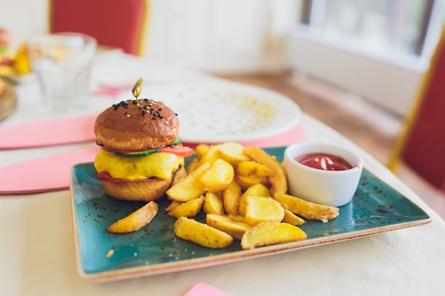 Kids meal with bread and fries Mini Burgers Hamburger.