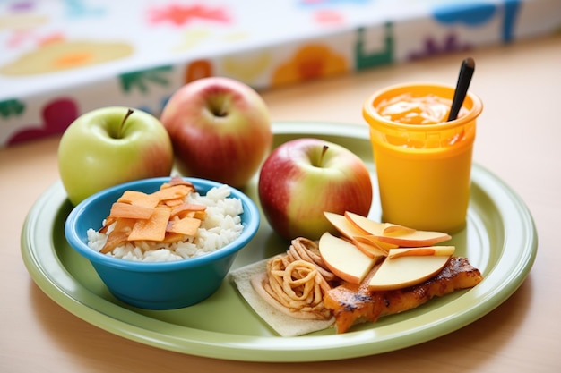 Photo kids meal with small enchilada and sides of apple slices