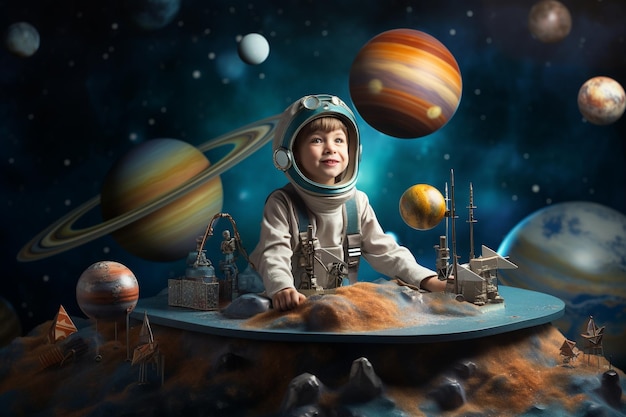 Kids model podium for photography in space theme