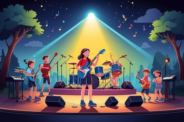 Kids music band playing on stage at outdoor festival vector illustration