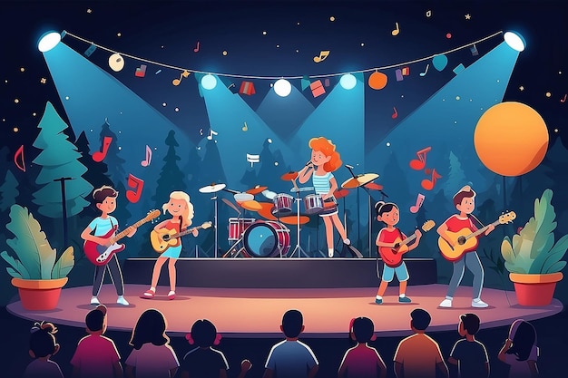 Kids music band playing on stage at outdoor festival vector illustration