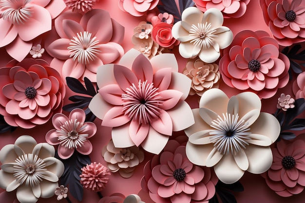 Foto atmosfera da festa per bambini i fiori di papercraft adornano lo sfondo rosa favorendo lo spirito creativo delle vacanze