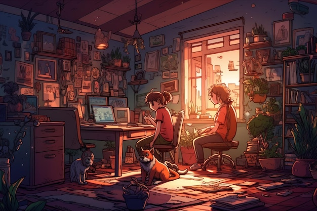 Дети и домашние животные работают и играют на компьютере дома