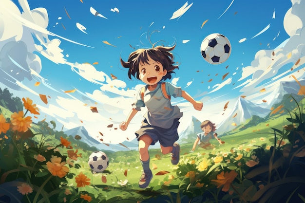 Kids play football in the garden vector illustration