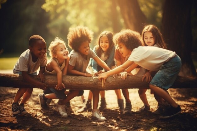 Foto i bambini giocano a tirare la corda nel parco soleggiato estate all'aperto attività divertenti gruppo di razza mista