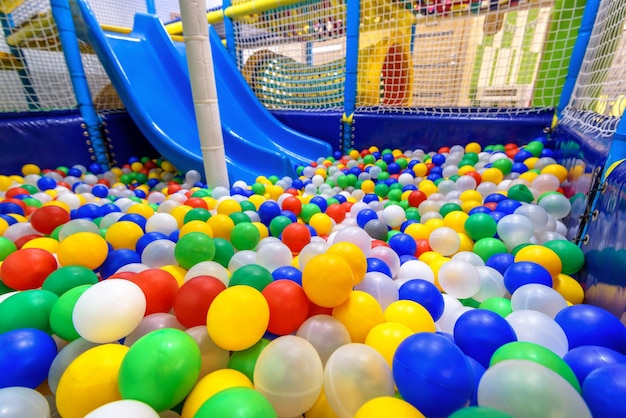 Kids playground indoor panoramic view inside the dry pool with colorful balls and slide