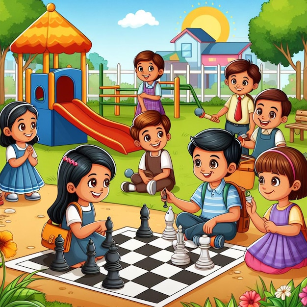 Photo kids playing chess with friends cartoon illustration for school story book ai images