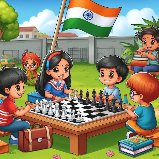 Photo kids playing chess with friends cartoon illustration for school story book ai images