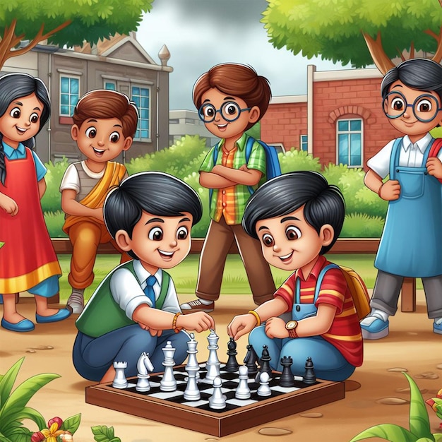 Photo kids playing chess with friends cartoon illustration for school story book ai images