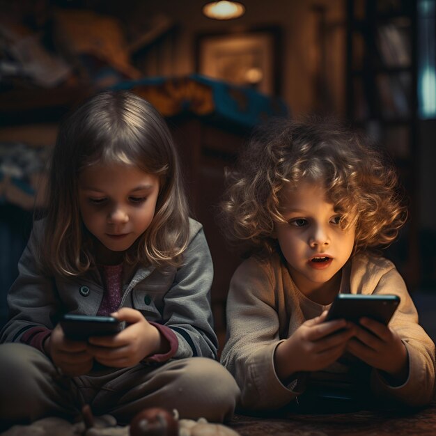 Photo kids playing game on smartphone