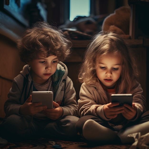 Photo kids playing game on smartphone