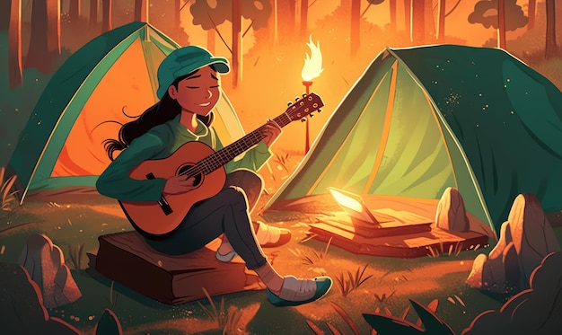 Kids playing guitar on a camp fire illustration design with generative ai