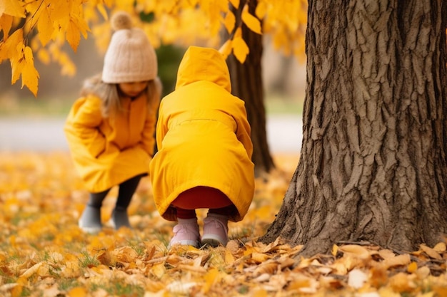 写真 秋の公園で隠れ遊びをしている子供たち