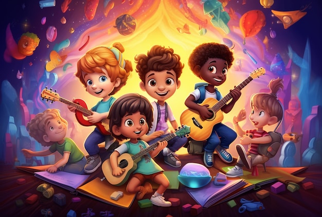 Photo kids playing music cartoon illustration