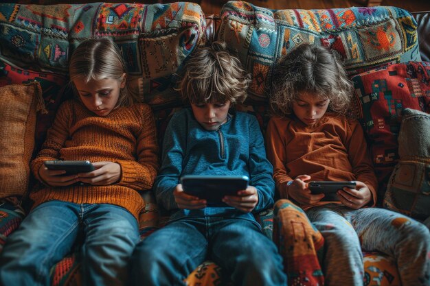 Kids Playing on Phones on Patterned Couch