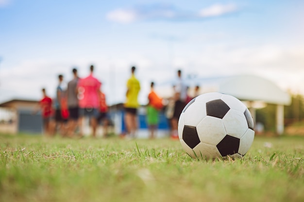녹색 잔디 필드에서 운동을 위해 축구 축구를 하는 아이들