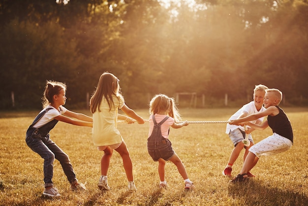 Kids playing tug of war game in the beautiful meadow at sunny day.