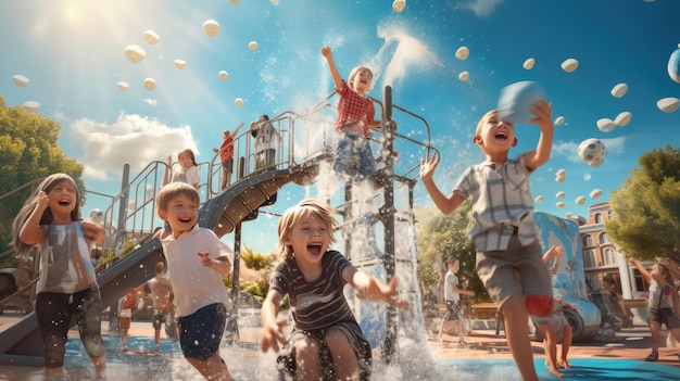 kids playing at a water park with a lot of splashes of water