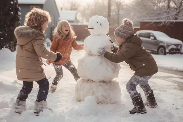 雪の中で雪人と遊ぶ子供たち