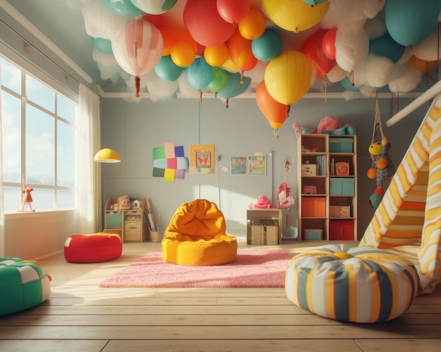 The kids' playroom is colorful and positive Generative AI