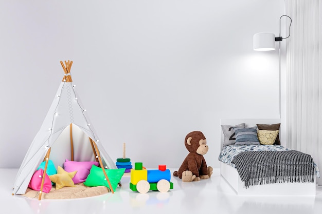 Kids playroom with stuffed toy animals and play teepee 3d rendered illustration