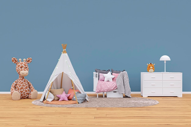 Sala giochi per bambini con animali ripieni e giocare a teepee 3d rendering illustrazione