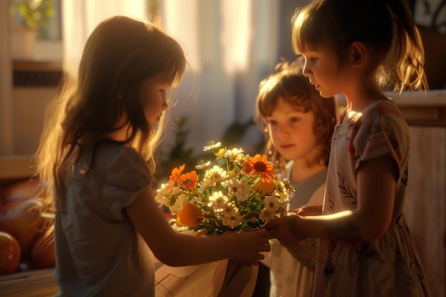 Kids presenting a handcrafted flower bouquet to th