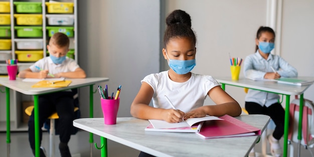 Kids protecting themselves with medical masks