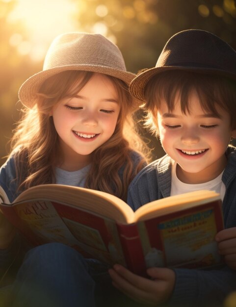 Photo kids reading a book