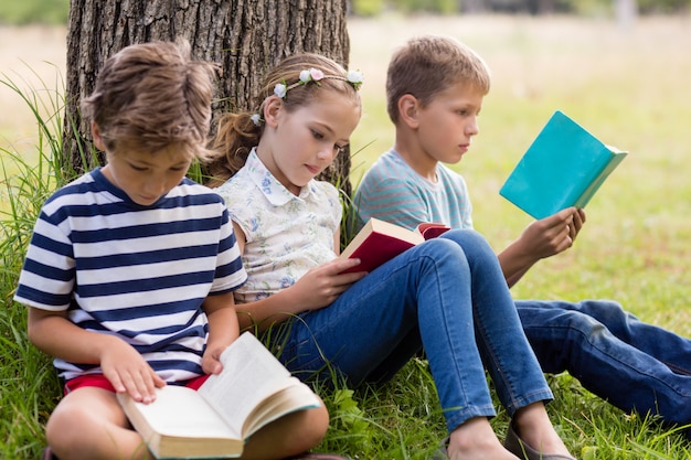 Foto bambini che leggono libri nel parco