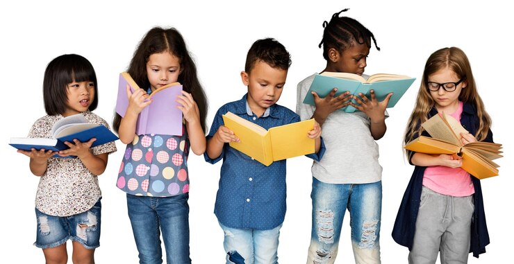 Photo kids reading books png sticker transparent background