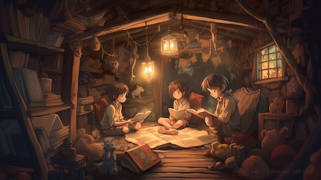 kids reading storybooks in a fantastical world