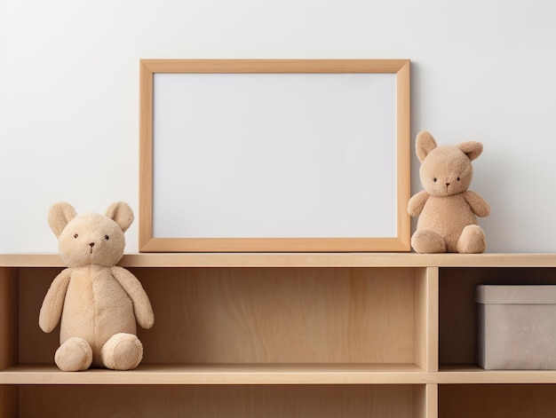 Kids room interior mockup empty wall wooden shelf and soft toys wooden photo frame Generative ai