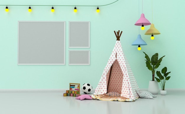 写真 かわいい装飾と壁に空白のフォトフレームを持つ子供部屋のインテリア。 3dレンダリング