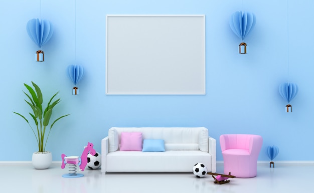 Kids room interior with cute decoration and blank photo frames on the wall. 3D rendering