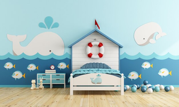 Kids room in marine style with bed and toys