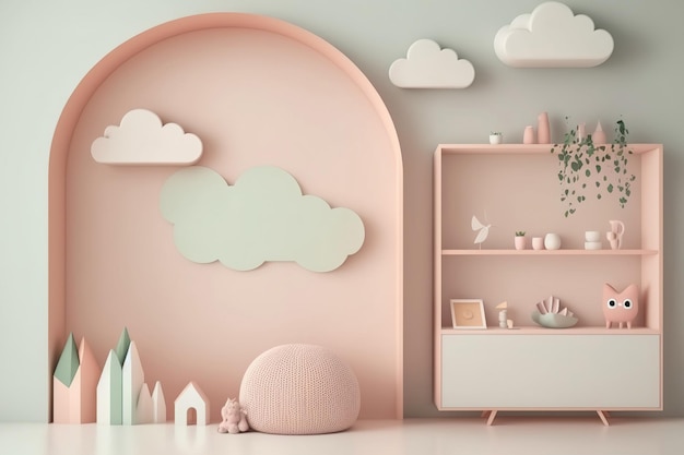 The kids room mockup wall is light pink