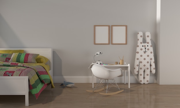 Kids Room, Play house, kids furniture with toy and two frame mockup