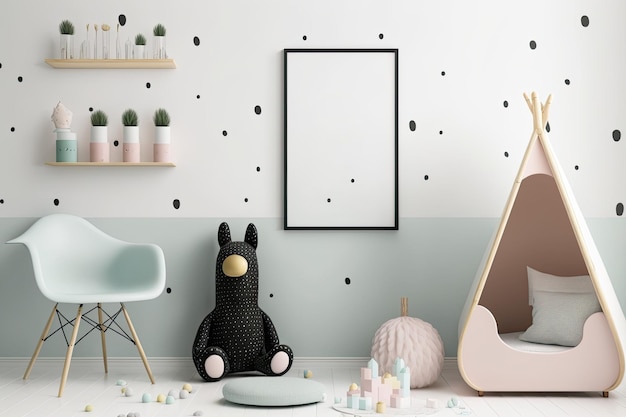 Photo kids room wall mockup in pastels nordic design